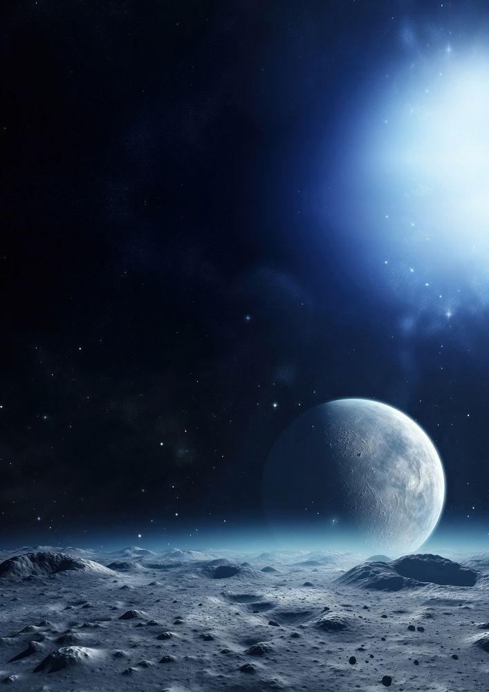 3d illustration of Moon surface with distant Earth and starfield. AI generated Image by rawpixel.