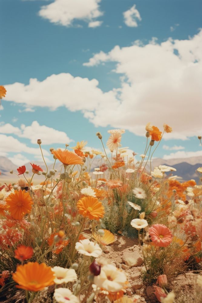 Flower field, beautiful sky. AI generated image by rawpixel.