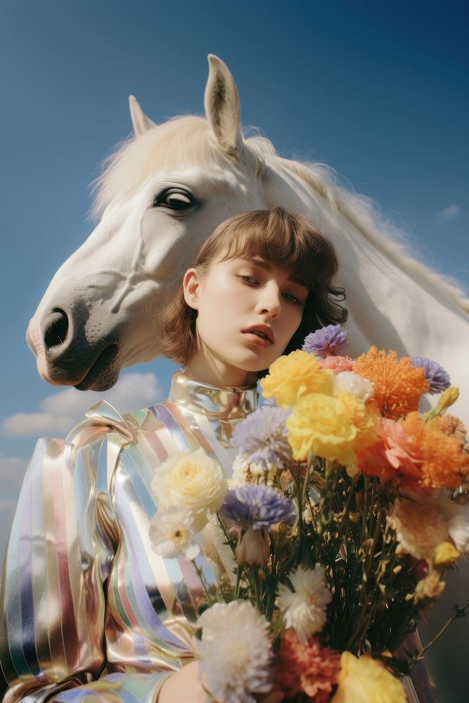 Flower field, woman posing with horse, beautiful sky. AI generated image by rawpixel.