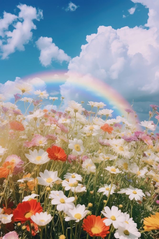 Flowers rainbow field sky.