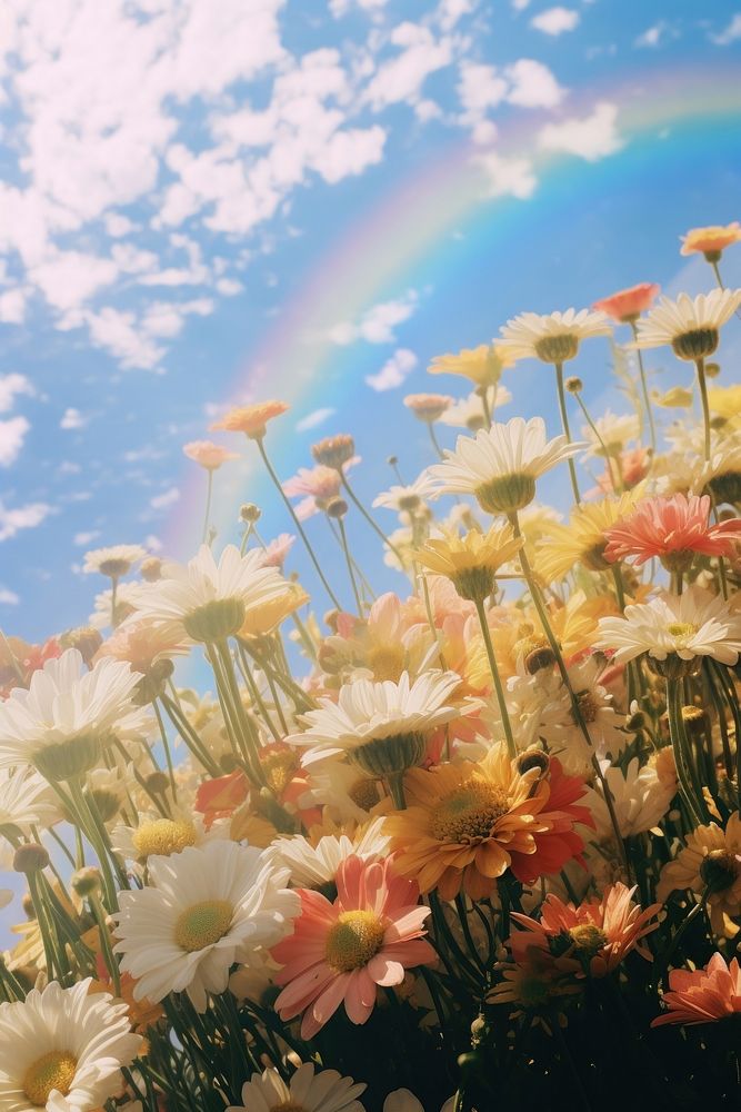 Flower field, beautiful rainbow sky.  by rawpixel.
