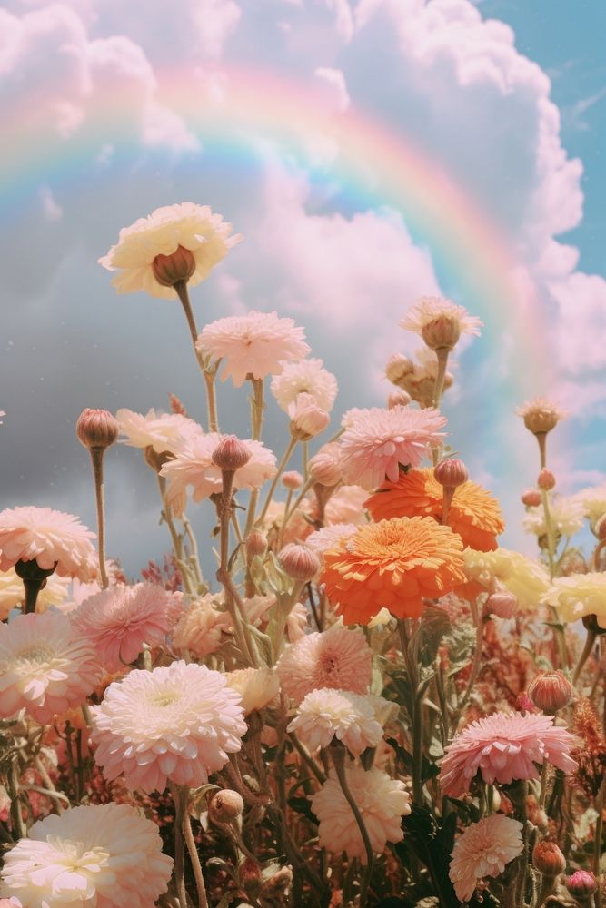 Flower field, beautiful rainbow sky. 