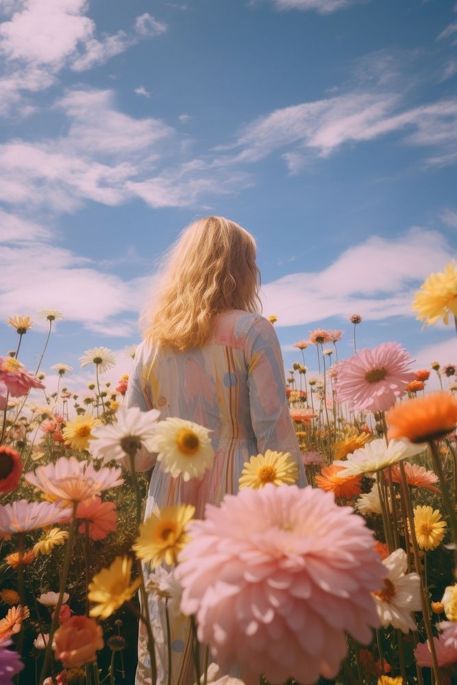 Flower field, woman posing, beautiful sky. AI generated image by rawpixel.