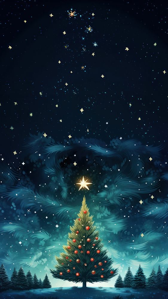 illustration of Christmas tree on starry night background.  