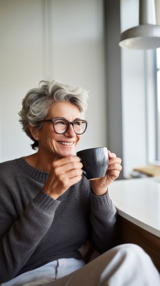 Product photography of a mature woman drinking black coffee while reading newspaper.  