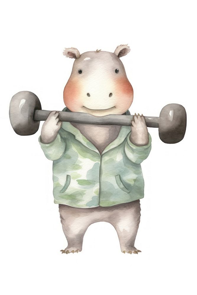 Hippopotamus lifting dumbbells cartoon white background representation. AI generated Image by rawpixel.