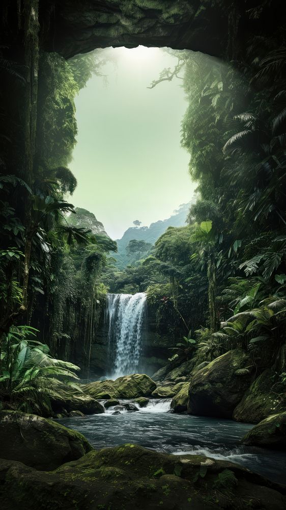Waterfall vegetation rainforest outdoors. AI generated Image by rawpixel.