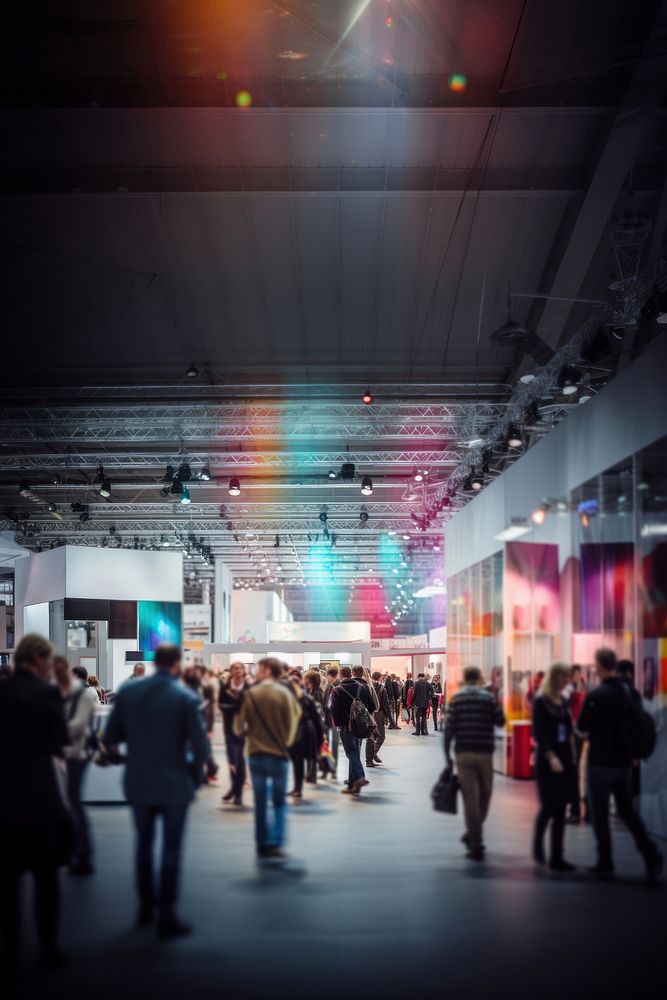 People walking in exhibition hall. 