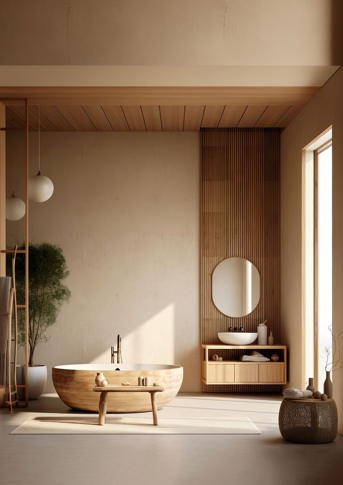 Minimalist bathroom with wooden bathtub, wooden decor, and natural light. Features wooden accents, wooden shelves, and…