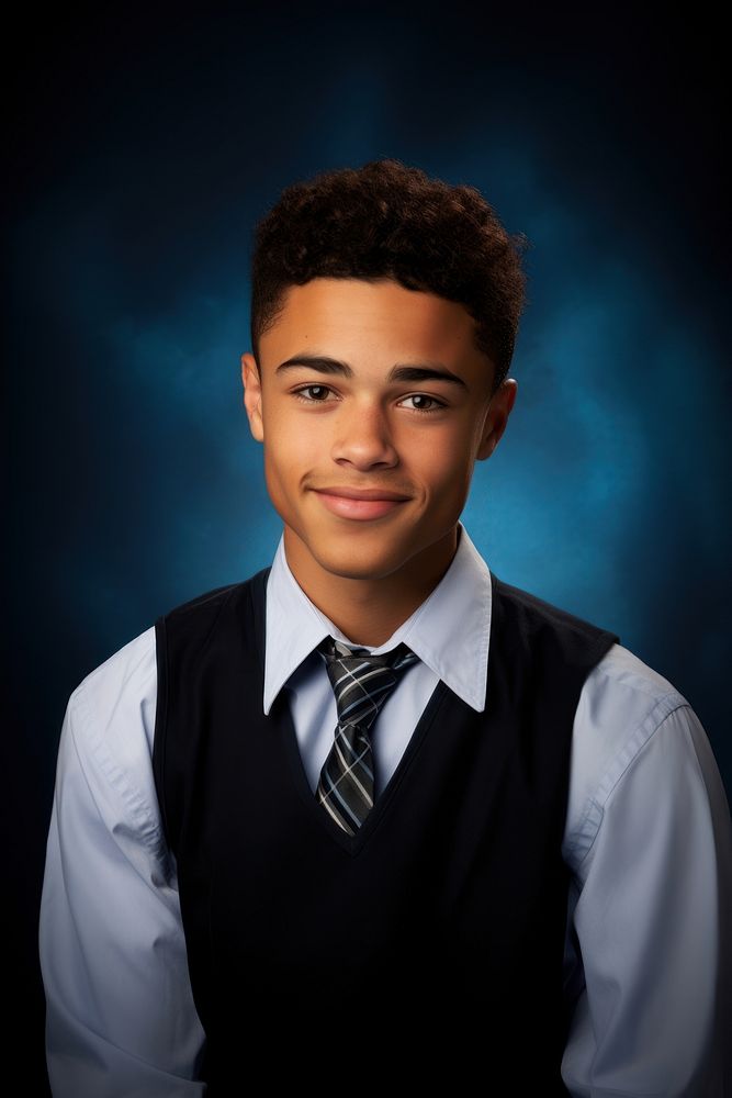 Yearbook portrait necktie photo blue background. 