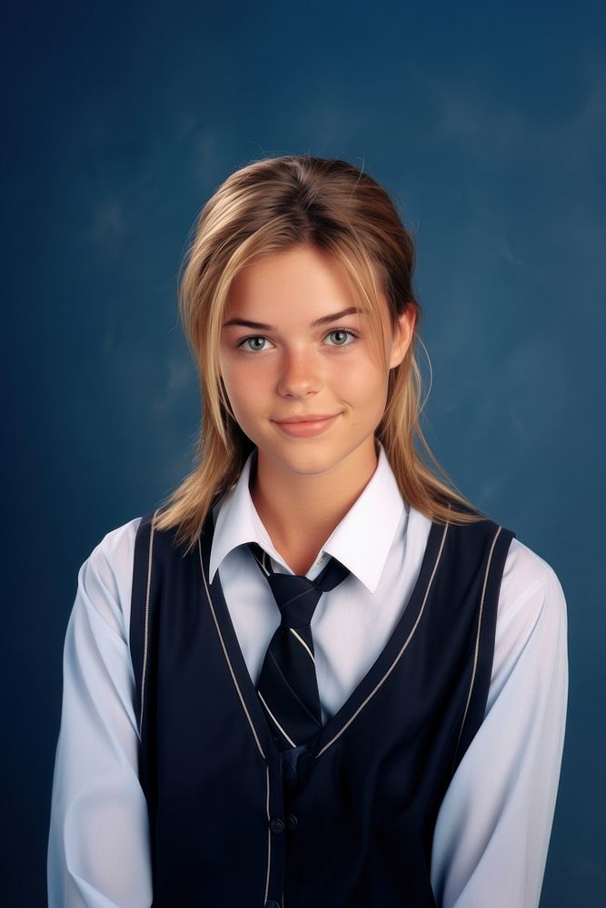Yearbook portrait photo teen blue background. 