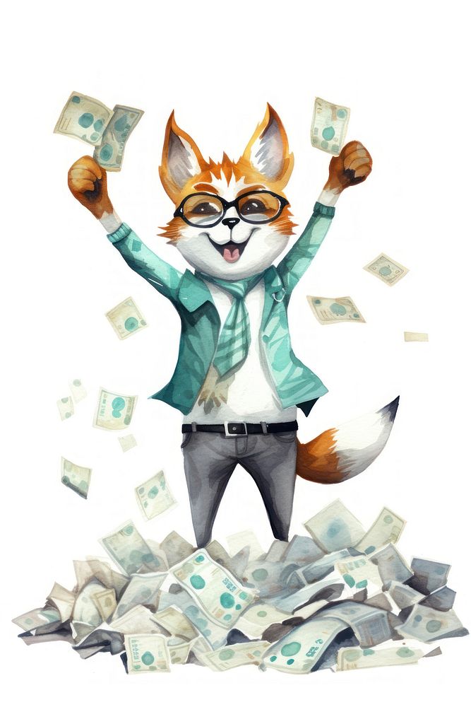 Fox character holding money success adult representation. 