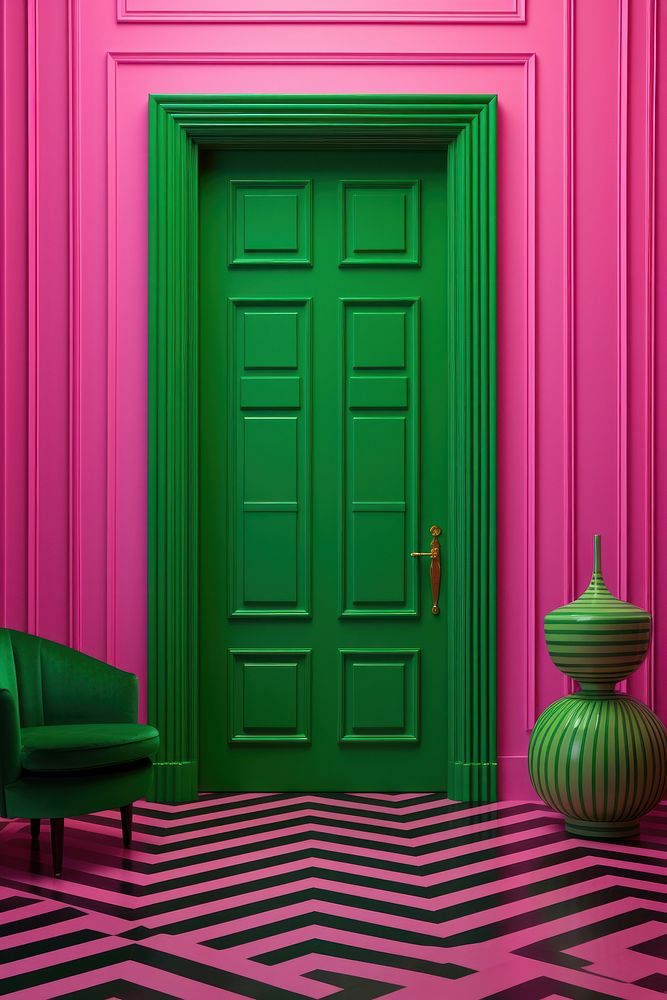 Door green floor pink. 