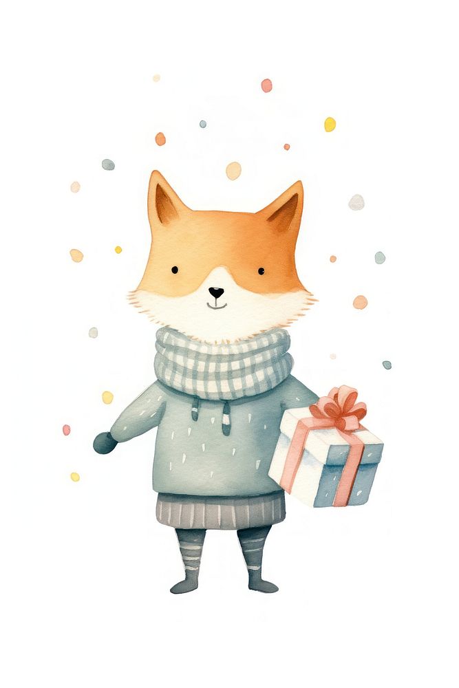 Cute fox character wear sweater holding gift box cartoon celebration carnivora. AI generated Image by rawpixel.