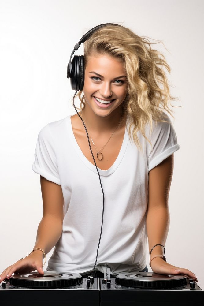 Female DJs headphones headset smiling. AI generated Image by rawpixel.