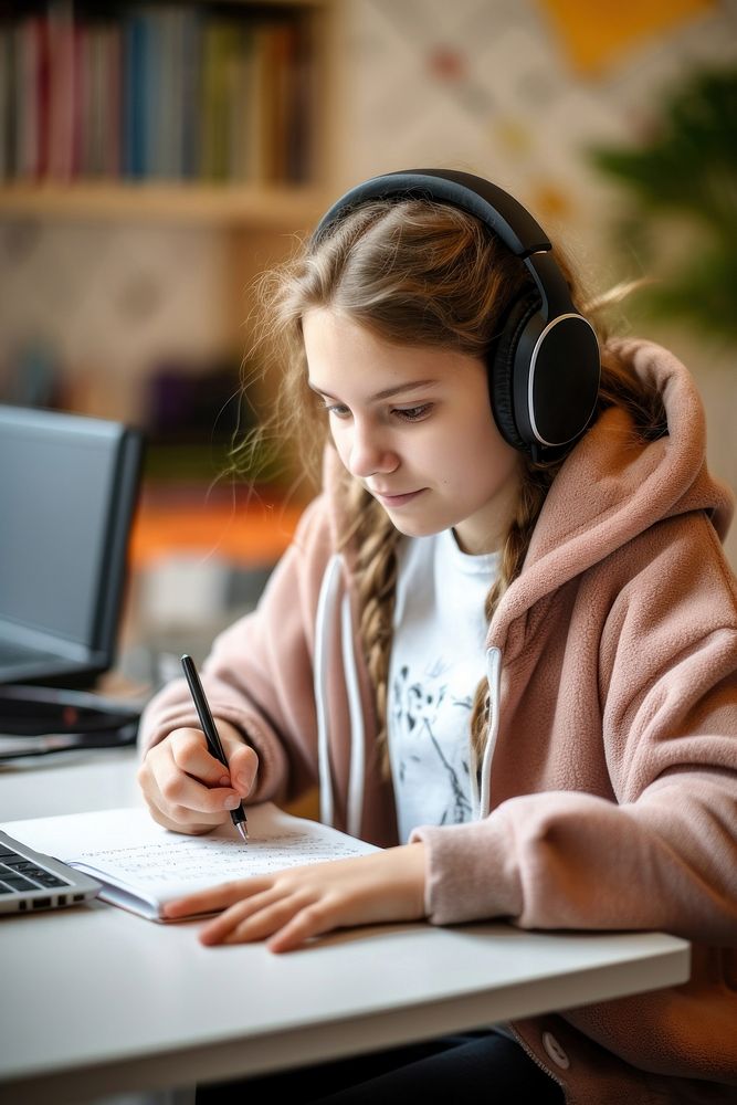 Teen girl school pupil wearing headphones studying online homework learning writing. AI generated Image by rawpixel.