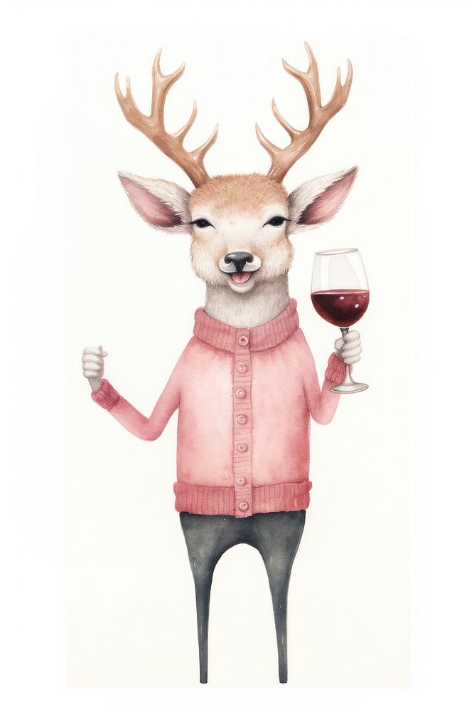 Celebrating Christmas has a deer cheers wine drawing mammal animal. AI generated Image by rawpixel.