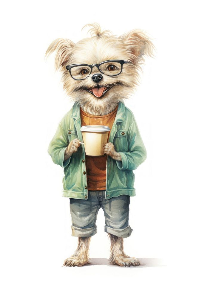 Old dog drinking coffee drawing glasses mammal. 