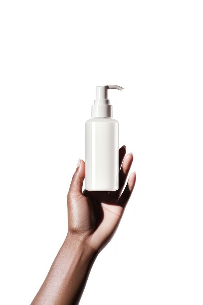 A hand holding a skincare serum bottle white background container cosmetics. AI generated Image by rawpixel.