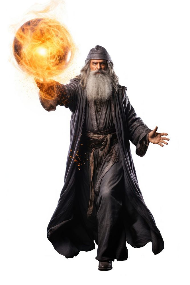 Wizard casting fireball white background performer overcoat. AI generated Image by rawpixel.