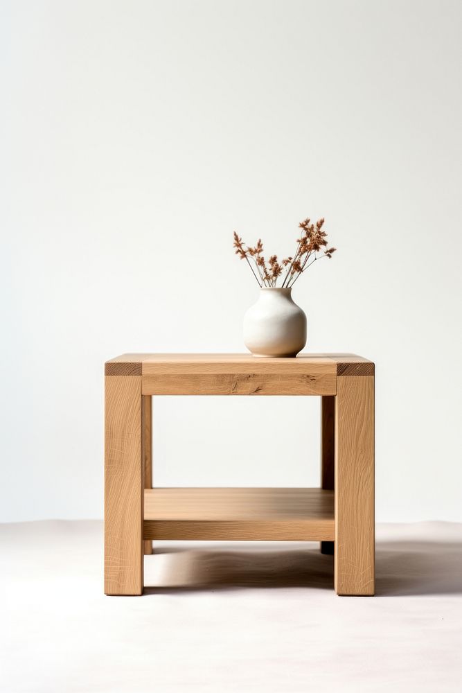 Minimalist wooden table with a small vase. The wooden table has a simple design. A vase with dried flowers sits on the…