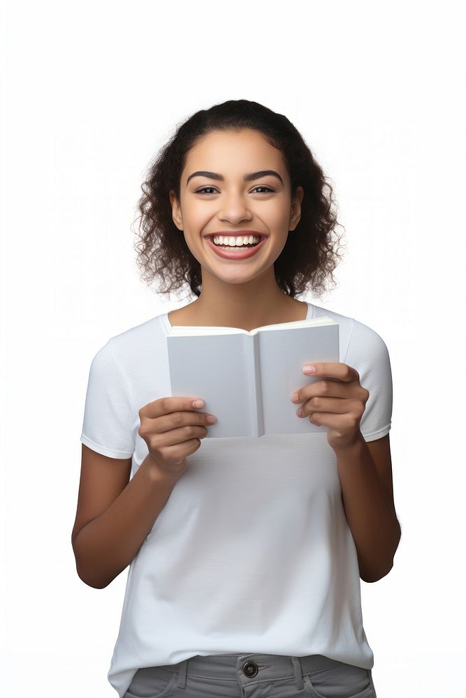 Teen mixed race woman teeth smile reading holding. AI generated Image by rawpixel.