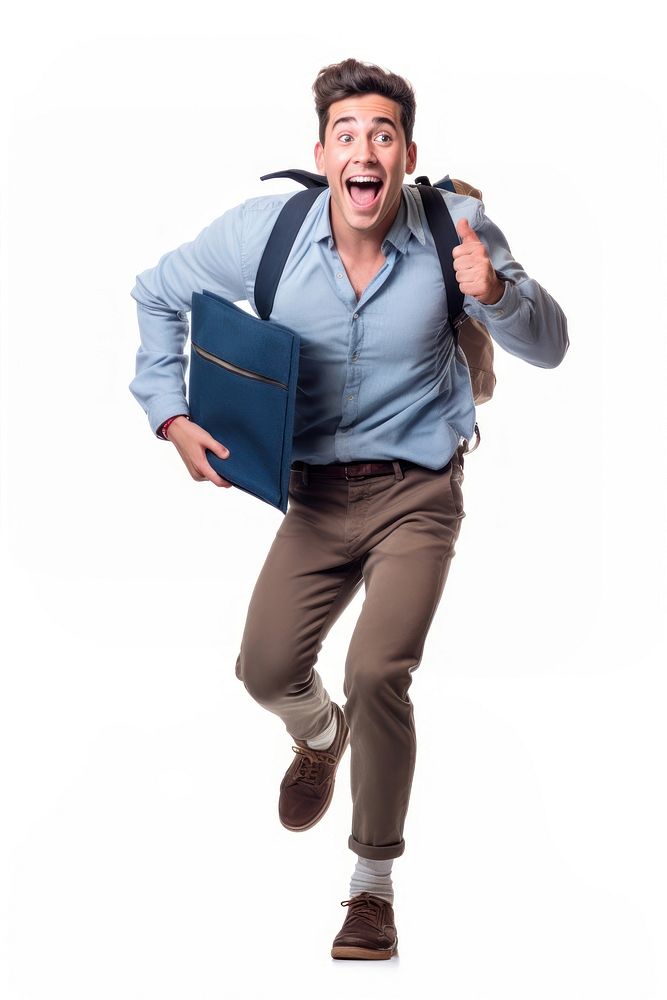 Male student shouting adult white background. 