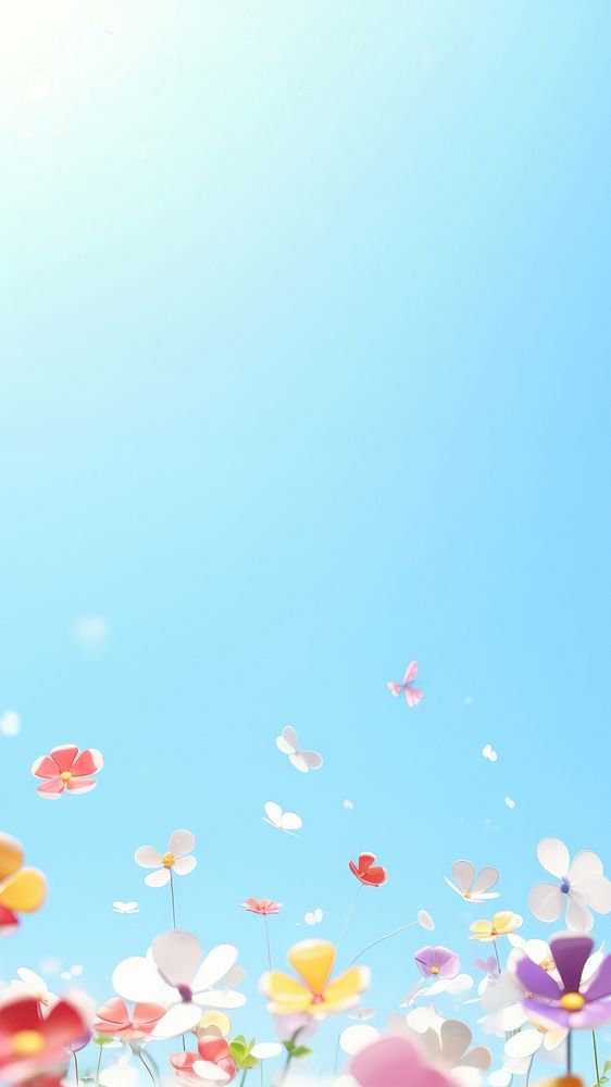 3d illustration of flowers and colorful confettis floating in the air clean sky.  