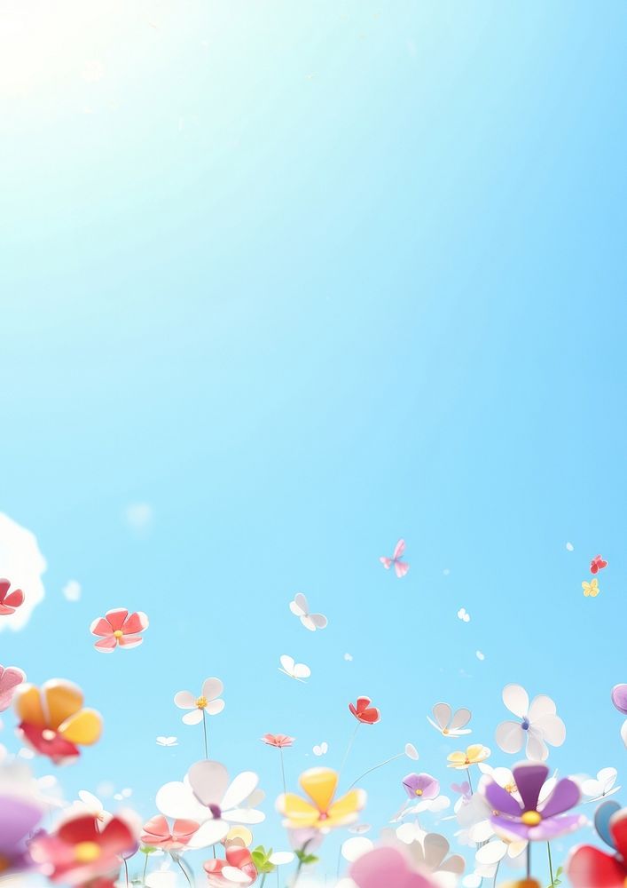 3d illustration of flowers and colorful confettis floating in the air clean sky. AI generated Image by rawpixel. 