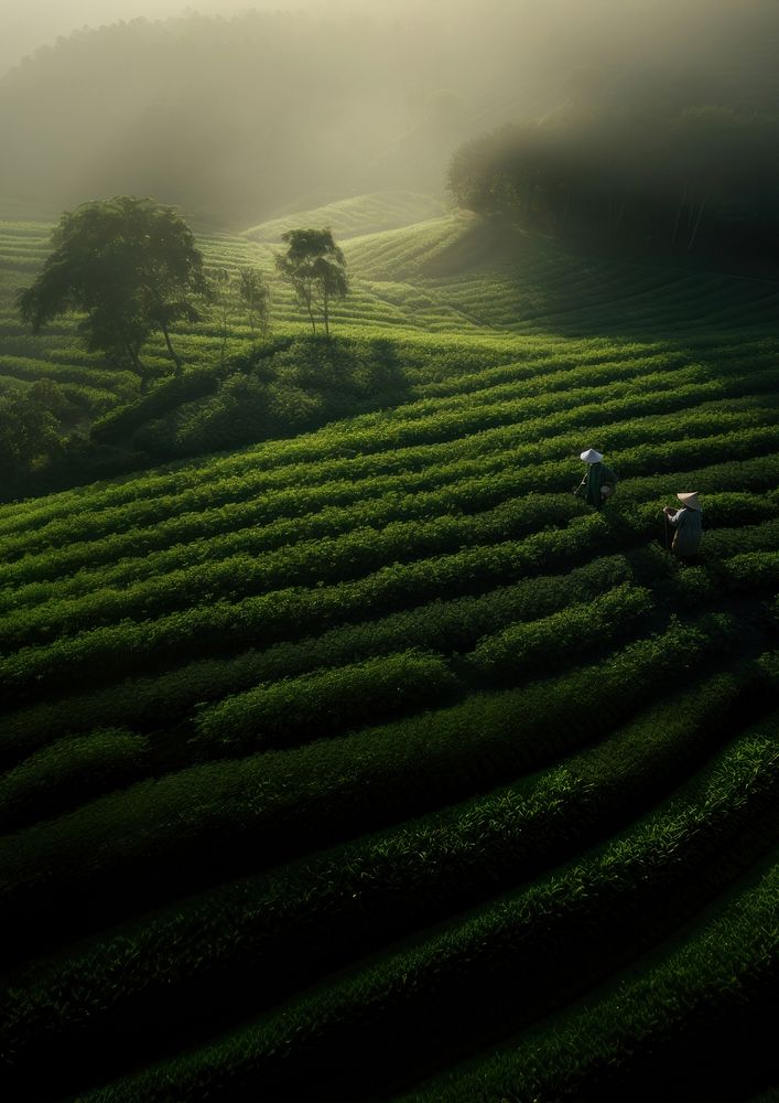 A Chinese tea pickers in a serene tea garden.  