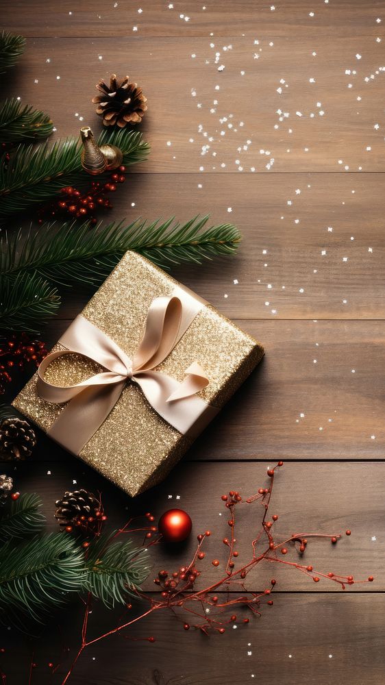 flatlay photo of christmas gift box ribbon ornaments pine branch mistletoe glitter minimal on wood table.  