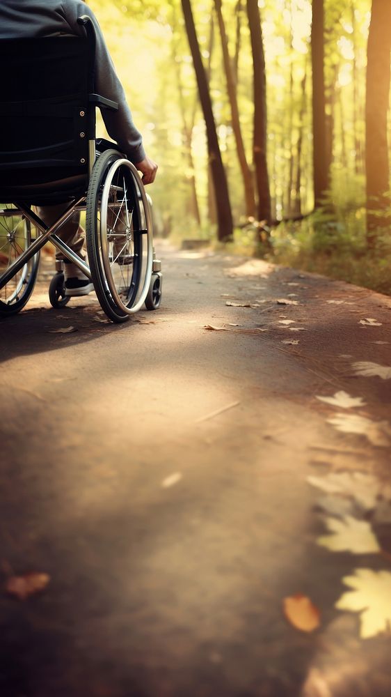 photo Close-up of a person's of Leg disabled hand maneuvering a wheelchair along a forest trail.  