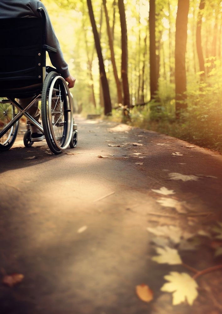 photo Close-up of a person's of Leg disabled hand maneuvering a wheelchair along a forest trail. AI generated Image by…