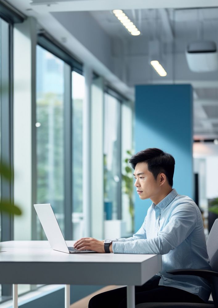 side view photo of an Asian office worker wearing casual clothes sitting in an office.  