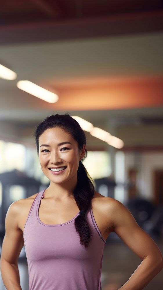 a photo of an Asian woman in sportswear standing in the gym. 