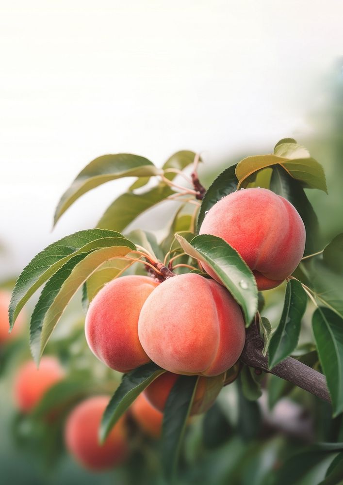 close up photo of peach on a peach tree. AI generated Image by rawpixel.