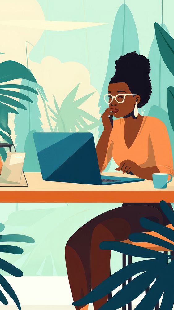 flat illustration of african american woman talking on phone while work with laptop on table. 