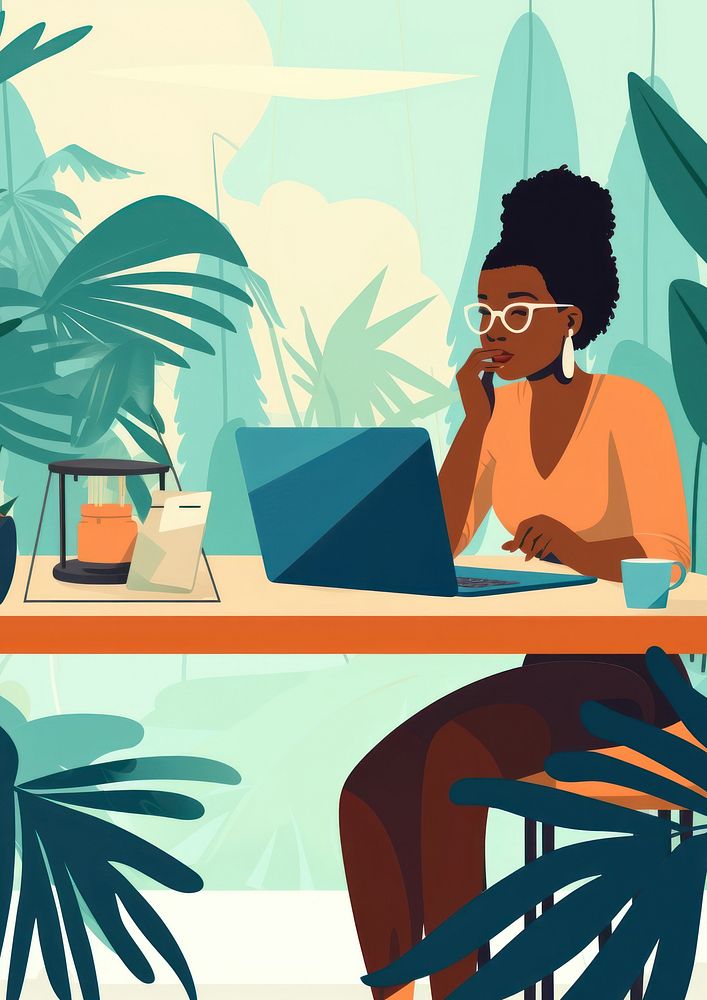 flat illustration of african american woman talking on phone while work with laptop on table. 