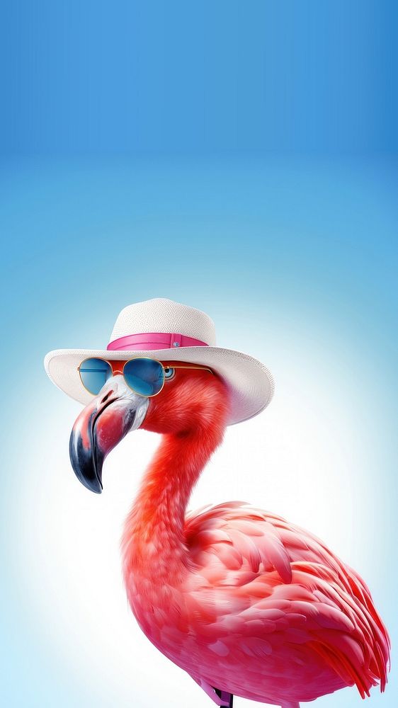 Flamingo wearing summer hat wearing sunglasses. 