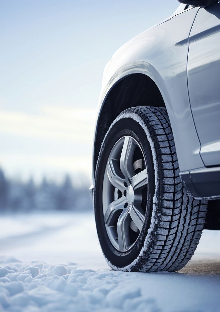 photo of Winter tire. Car on snow road.  