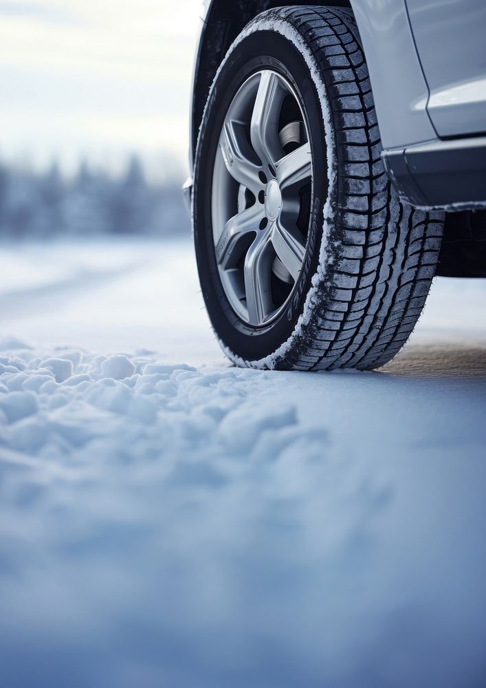 photo of Winter tire. Car on snow road.  