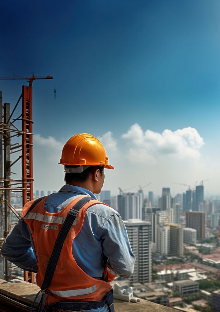 Photo of an asian construction worker working on the top of the building under construction. 