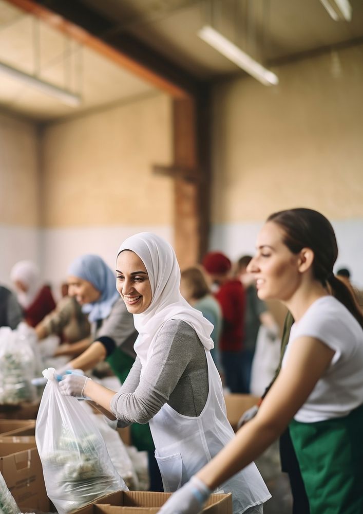 Photo of female volunteers sorting food donations in community center. 