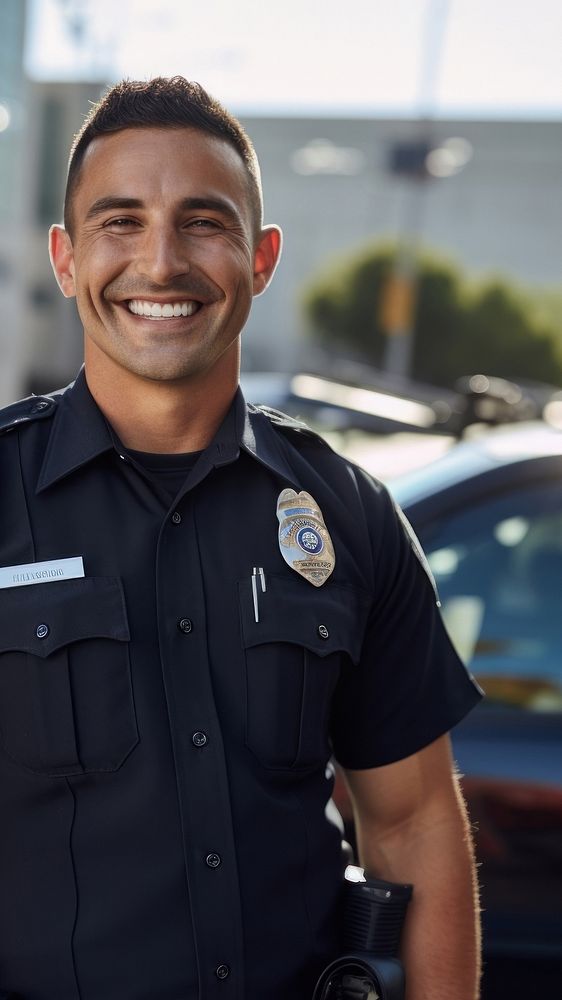 photo of police man smiling beside of a blurry police car background. AI generated Image by rawpixel. 