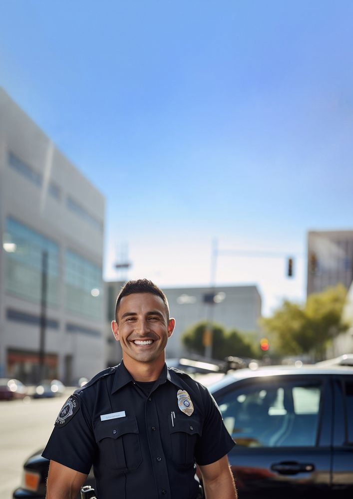 photo of police man smiling beside of a blurry police car background.  