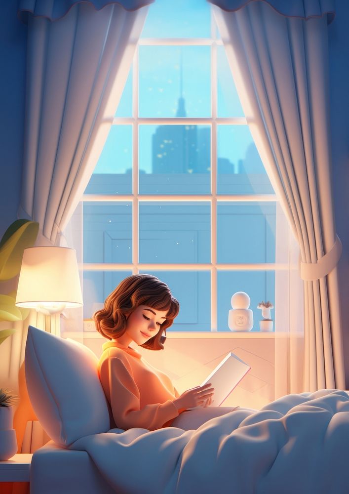 3d scene, cartoon style woman laying and playing a tablet on a bed hotel bedroom.  