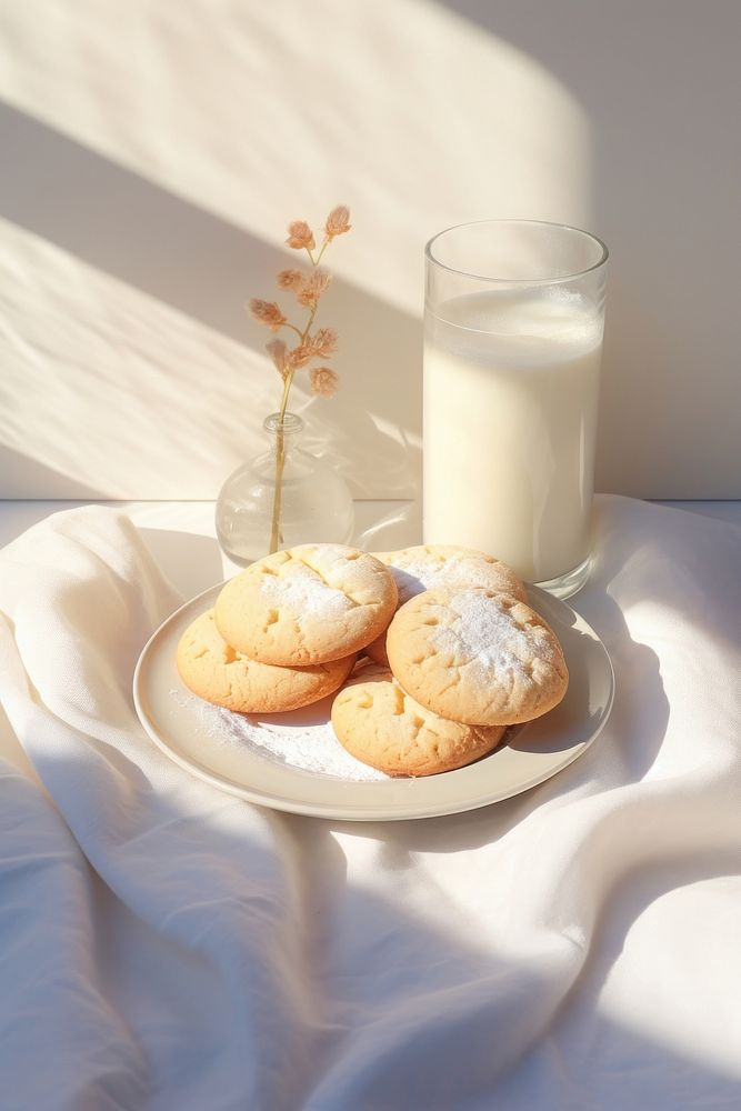 White snowy powder sugar butter cookies milk bread dairy. 