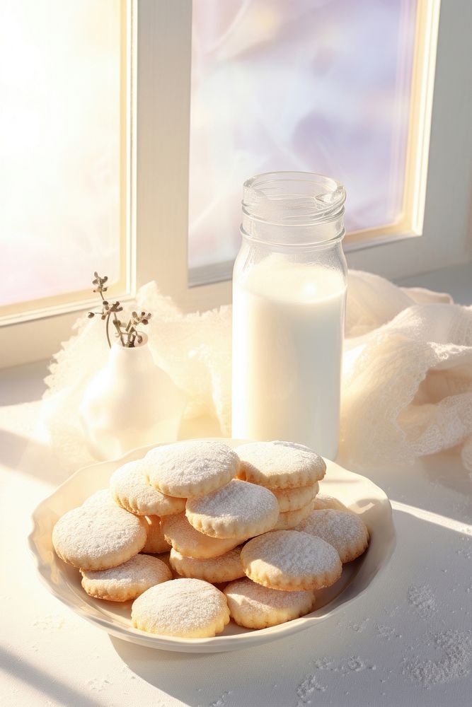 Delicious cookies arrangement milk table food. 