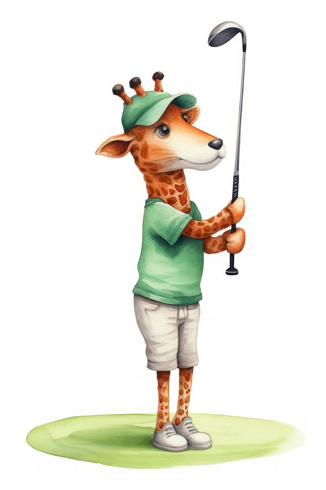 Giraffe playing golf cartoon sports white background. 