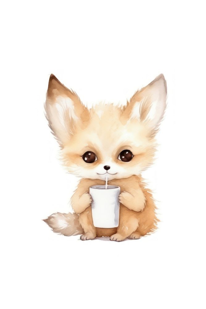 Fennec fox drinking cartoon mammal animal. 